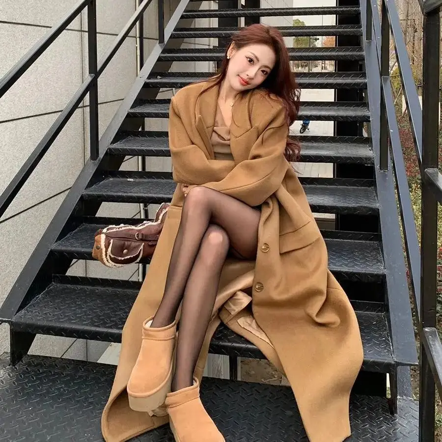 

Korea Long Woolen Long-Sleeved Coat Women Thickened Casual Loose Slim Design Light Luxury Woolen Coat