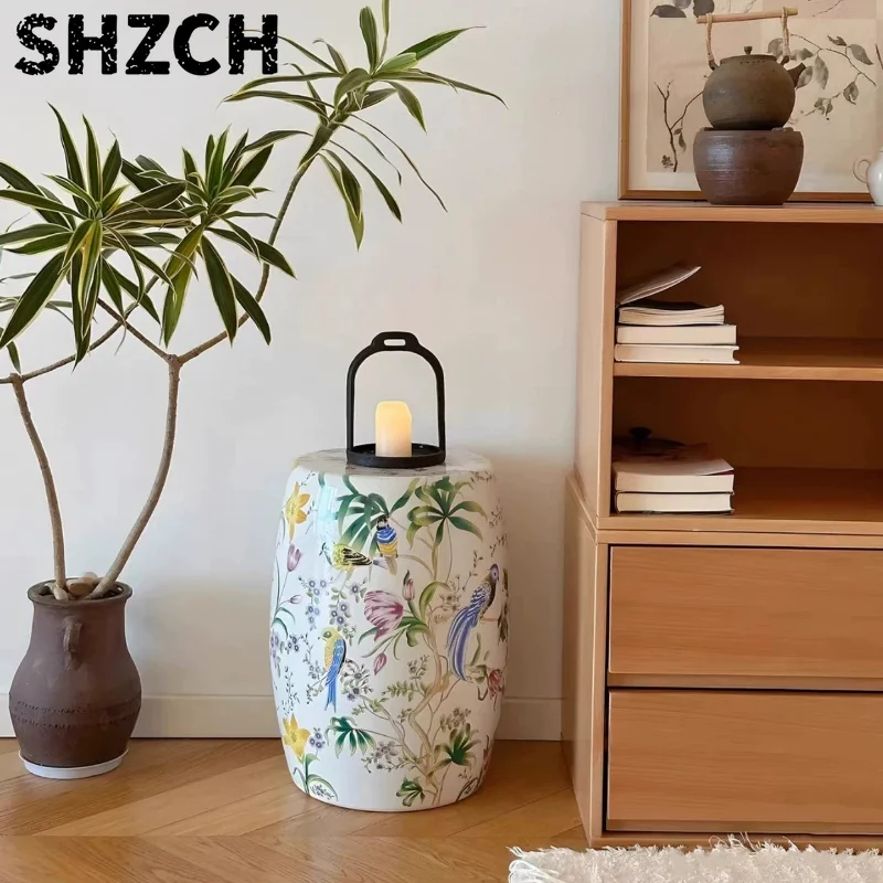 New Chinese Ceramic Drum Stool, Flower Bird Patterned Pottery Seat, Living Room Corner Side Table, Vanity Shoe Bench Plant Stand