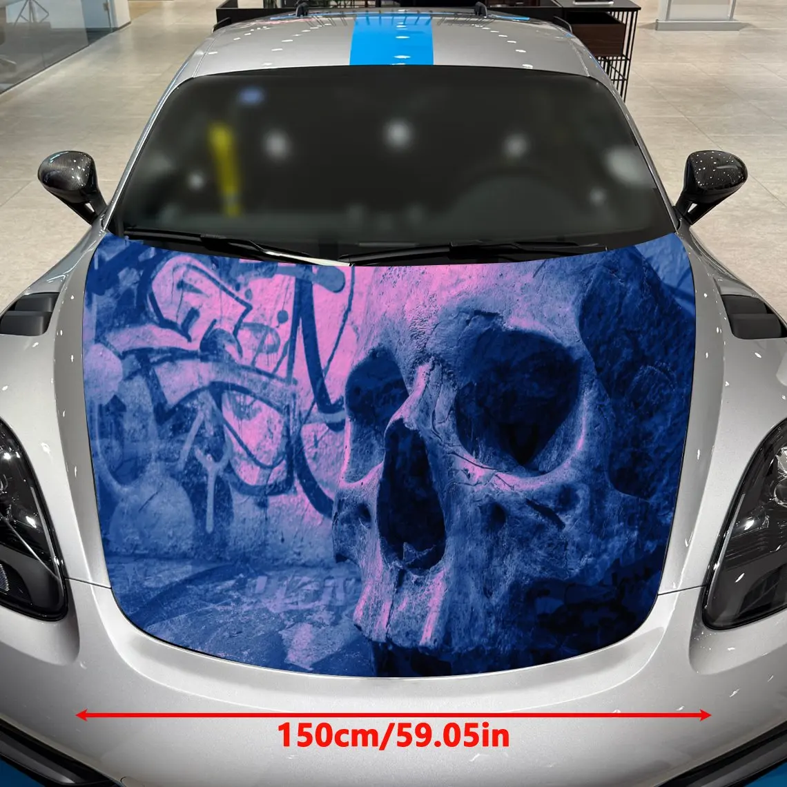 Car Decals A Skull Motif In Neon Purple And Blue Tones Close - Up With Abstract Pattern Details, Cyber Gothic Aesthetic And Dyna