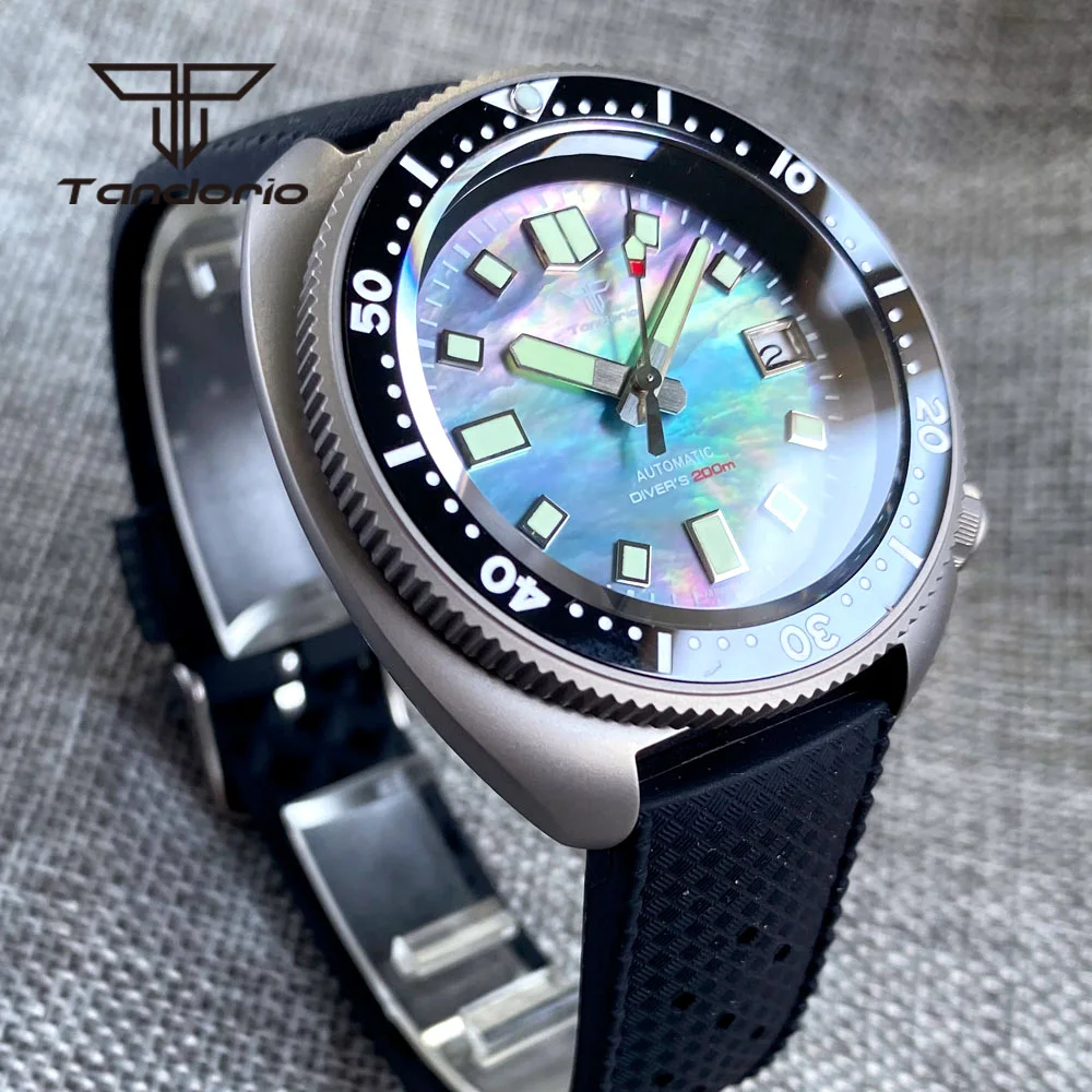 Tandorio jam tangan otomatis untuk pria, 44mm Titanium Dive NH35A pel tombol penyetel keramik kristal safir tanggal karet bercahaya