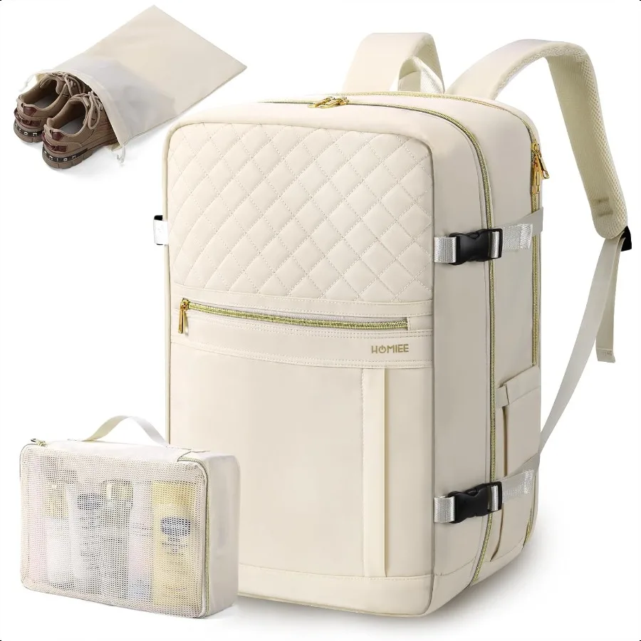 

Carry On Lage 22x14x9 Airline Appd 50L Travel Backpack for Women with 2 Packing Cubes Beige