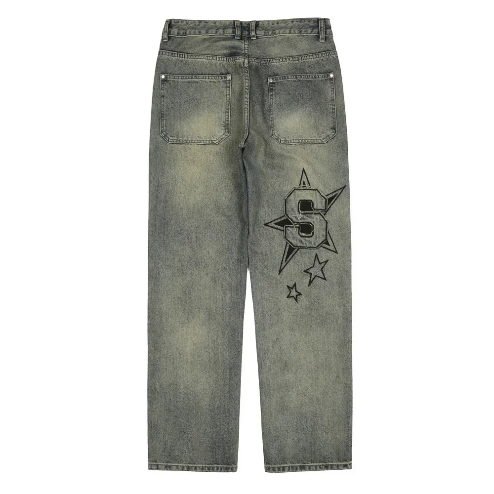 Street Jeans Men Vintage Distressed Letter Graphic Summer Hip Hop Fit Punk Streetwear Vaqueros Trousers Casual Y2k Denim Pants