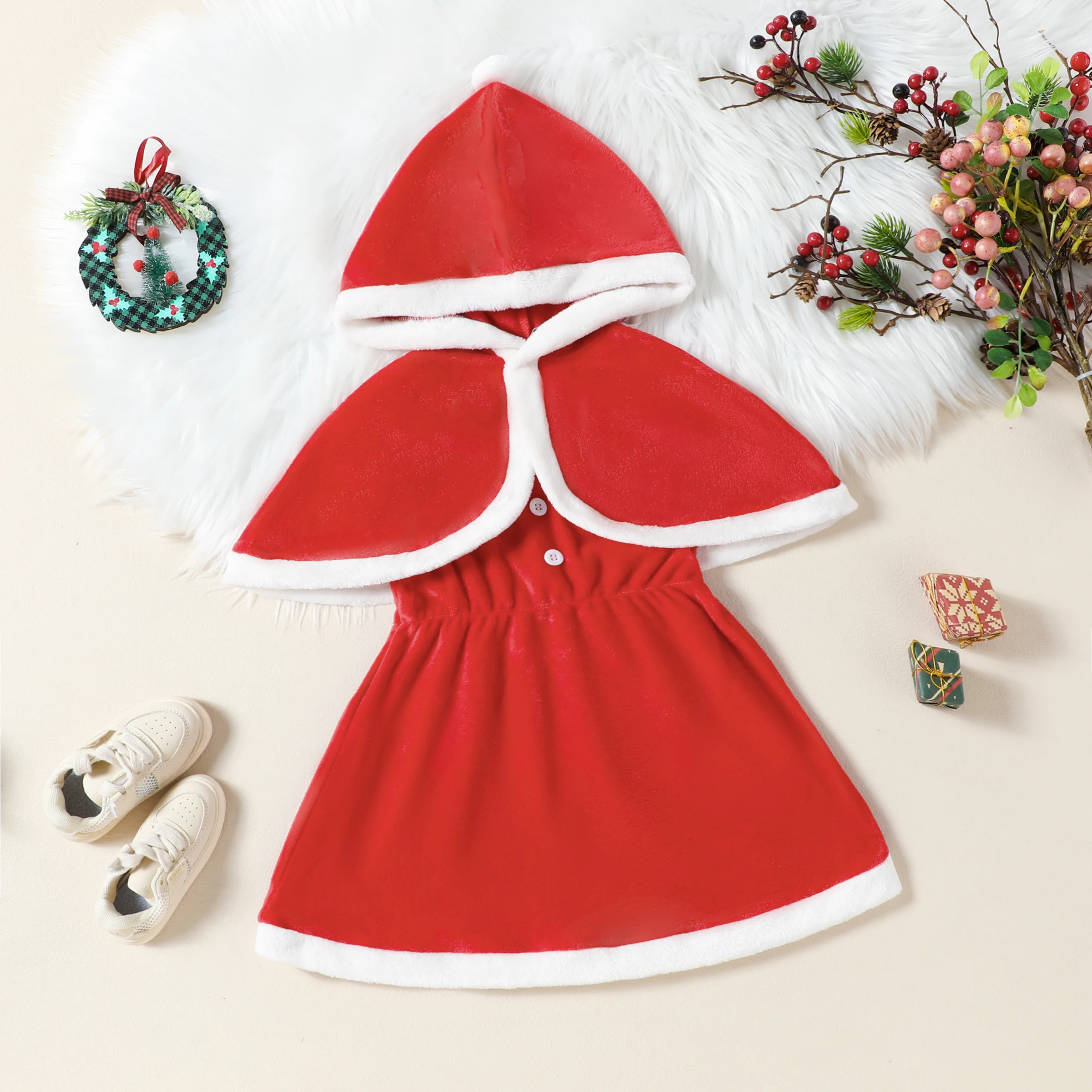 Baby Girl Christmas Day Set Fashionable Warm Velvet Sleeveless Dress with Hooded Cloak Two Piece Set