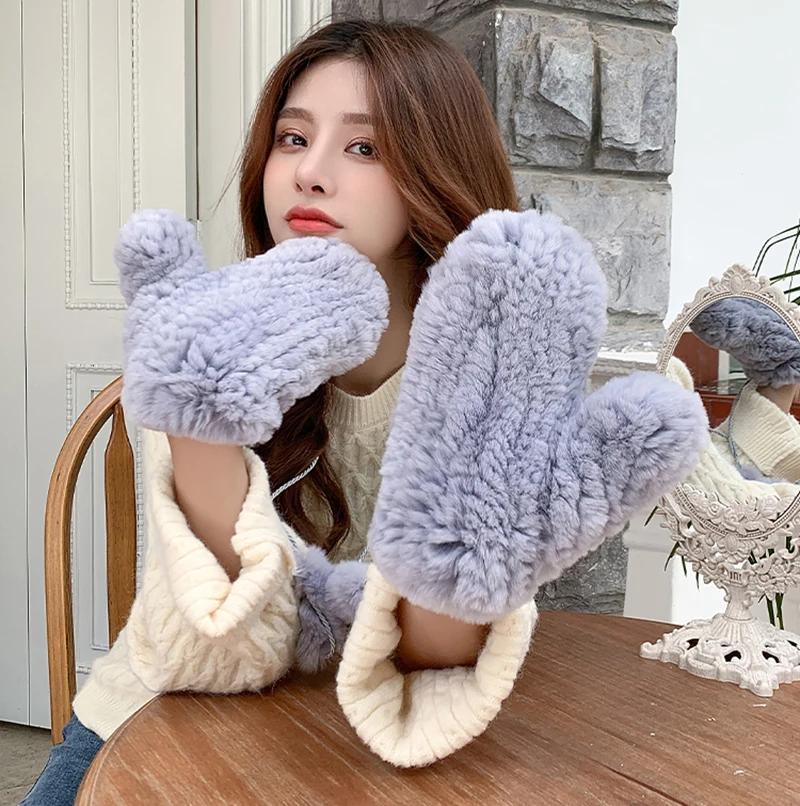 Women's Winter Real Rex Rabbit Fur Gloves Warm Thick Ladies Fur Mittens Elastic Girls Ski Glove Mitts Elastic Soft With String