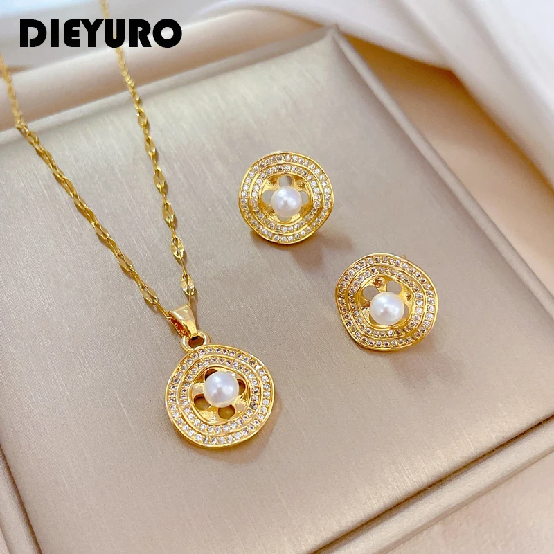 DIEYURO 316L Stainless Steel Round Pearl Pendant Necklace Earrings For Women Girl Clavicle Choker Trendy Jewelry Set Gift Party