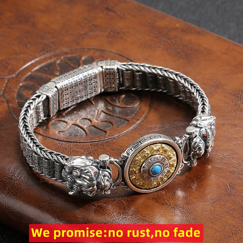 Factory Price 100% Real Solid S925 Silver Punk Retro Men's Lucky Bracelet Six Word Rotating Warp Tube Men's Silver Bracelet