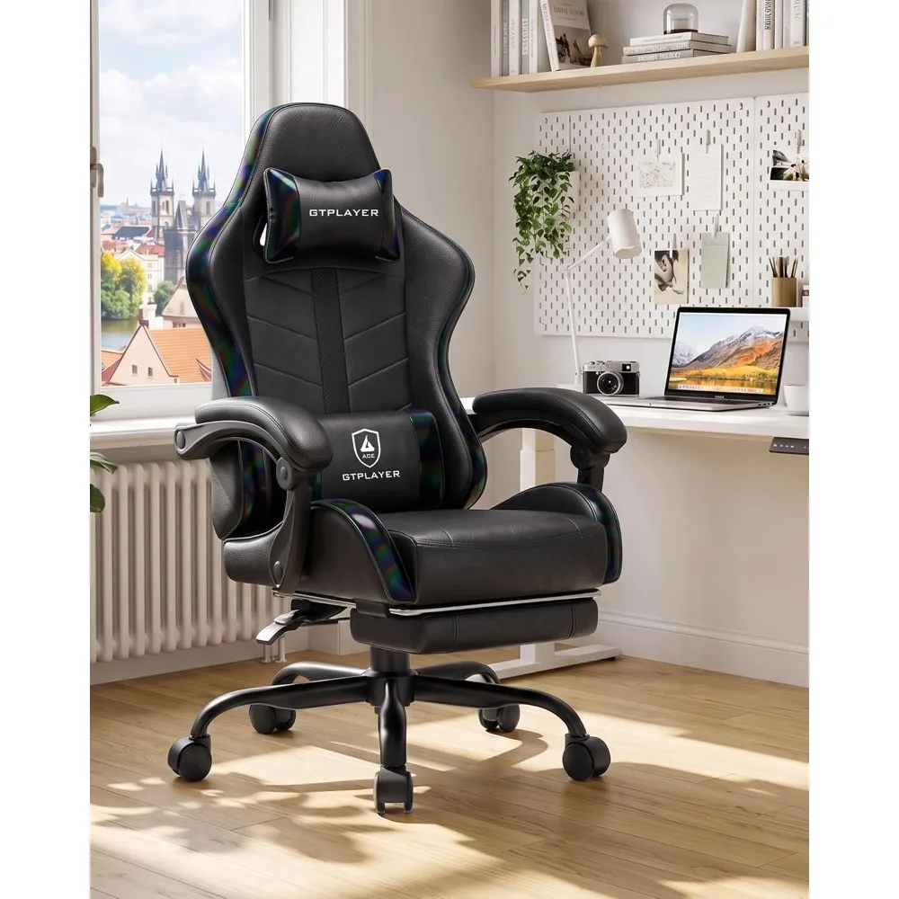 Gaming Chair for Adults with Footrest, Computer Desk Chair, Ergonomic PU Leather Office Chair, Black