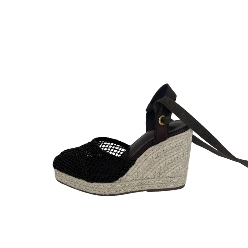 Ladies Summer Sandals Brown Wedges Heels For Woman Closed Shoes Cross Strappy Platform Sandals Chunky Heeled Beige Shoes