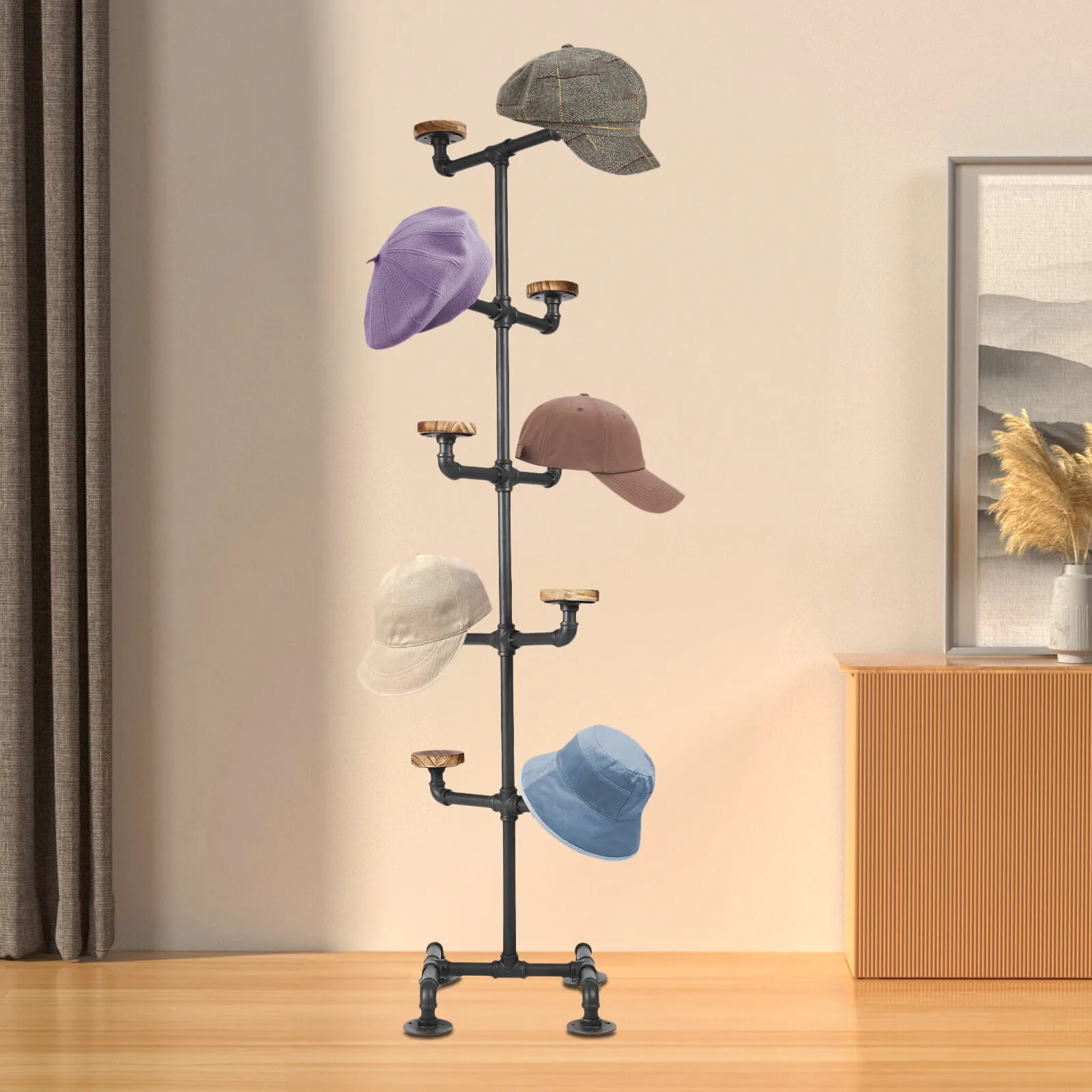 

Промышленная 5-ярусная вешалка для шляп с 10 крючками из массива дерева, винтажная подставка-витрина для хранения и демонстрации коллекции шляп, грузоподъемность 9 кг