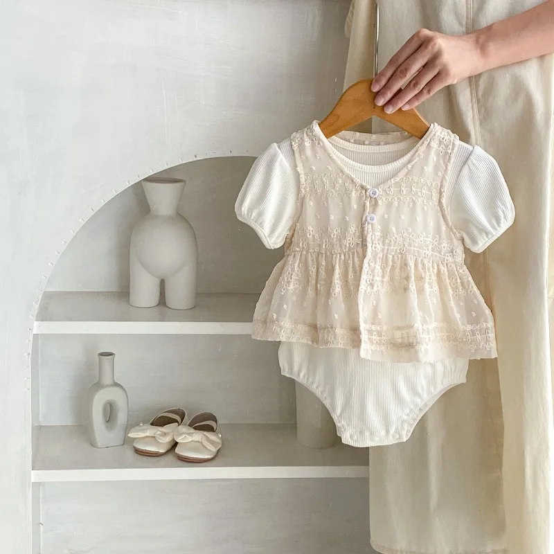 

Cute Newborn Baby Clothes 0-2Years Infant Boy Girl Short Sleeve Ribbed Cotton Romper Bodysuit +Cardigan Tops 2PCS Summer Suit