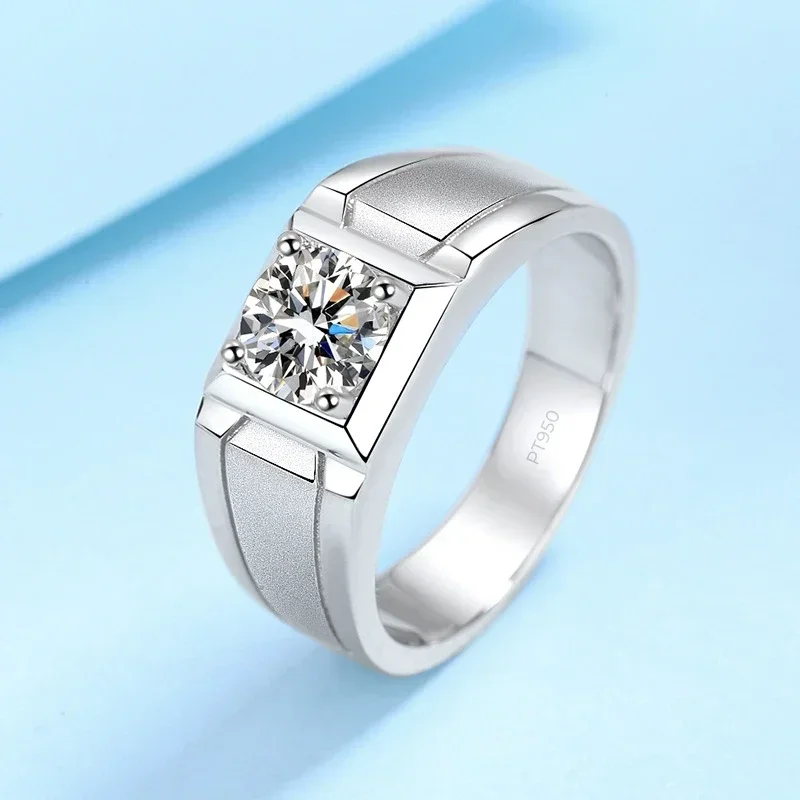 PT950 Platinum Moissanite Diamond Men Rings, 0.5/1 Carat VVS1 D Color Simple Wire Drawing Rings Luxury Gift for Boyfriend