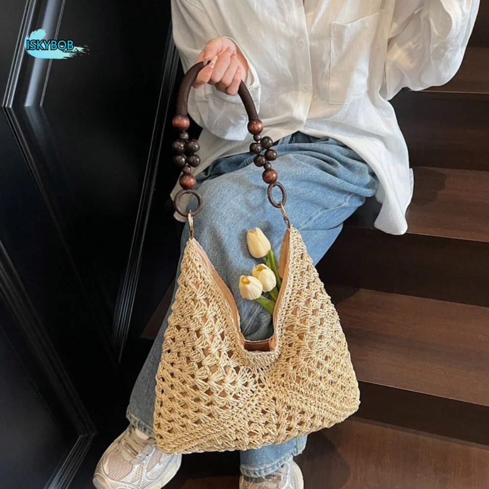 

Простая ажурная сумка из соломы, пляжная сумка-тоут, богемная пляжная сумка, вместительная сумка-ведро, ажурная сумка через плечо для девочек