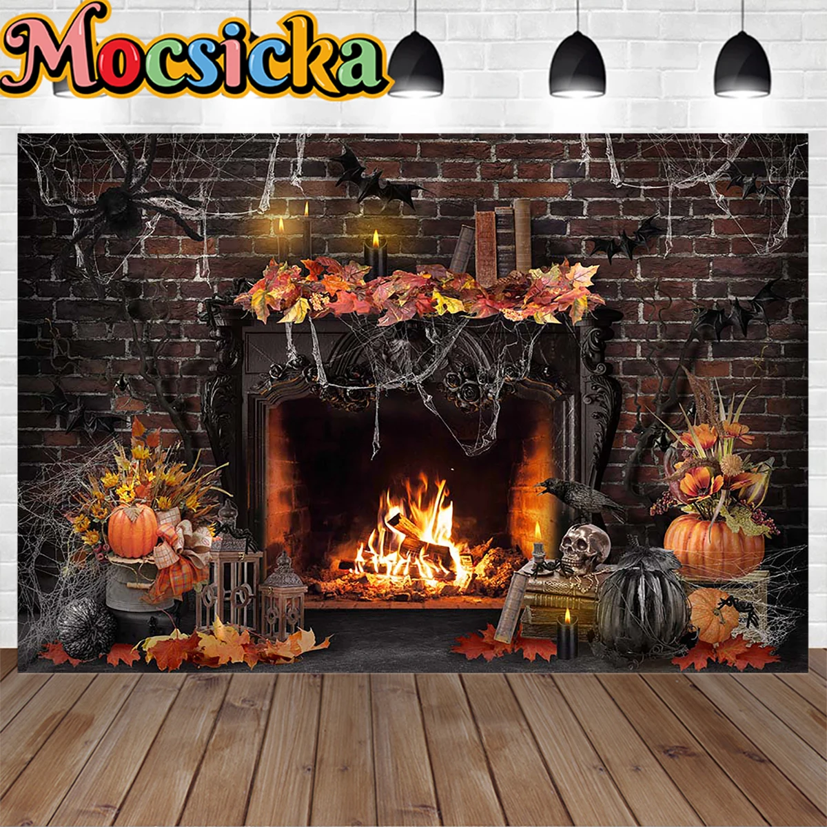 

Halloween Fireplace Background Pumpkin Maple Leaf Bat Spider Web Studio Photography Backdrop Prop Kid Makeup Birthday Party Kits