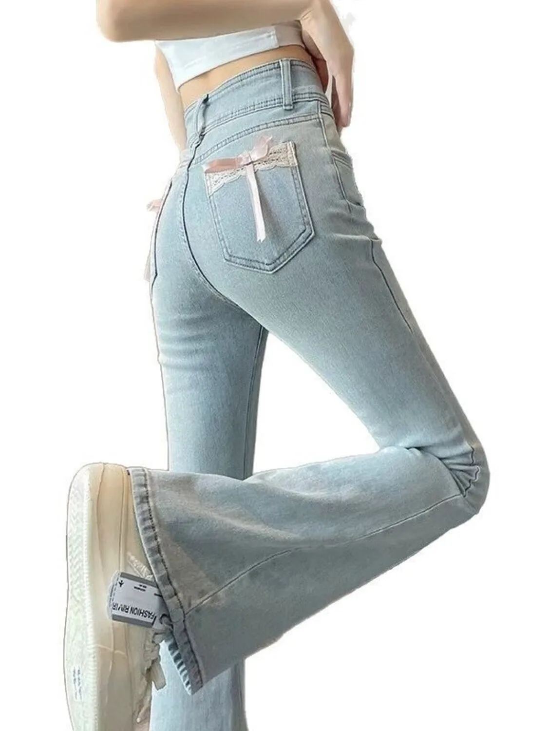 Women High Waist Flare Jeans Slim Fit Light Blue Wash Denim Pants with Lace Bow Pocket Y2K Streetwear 2026 Summer