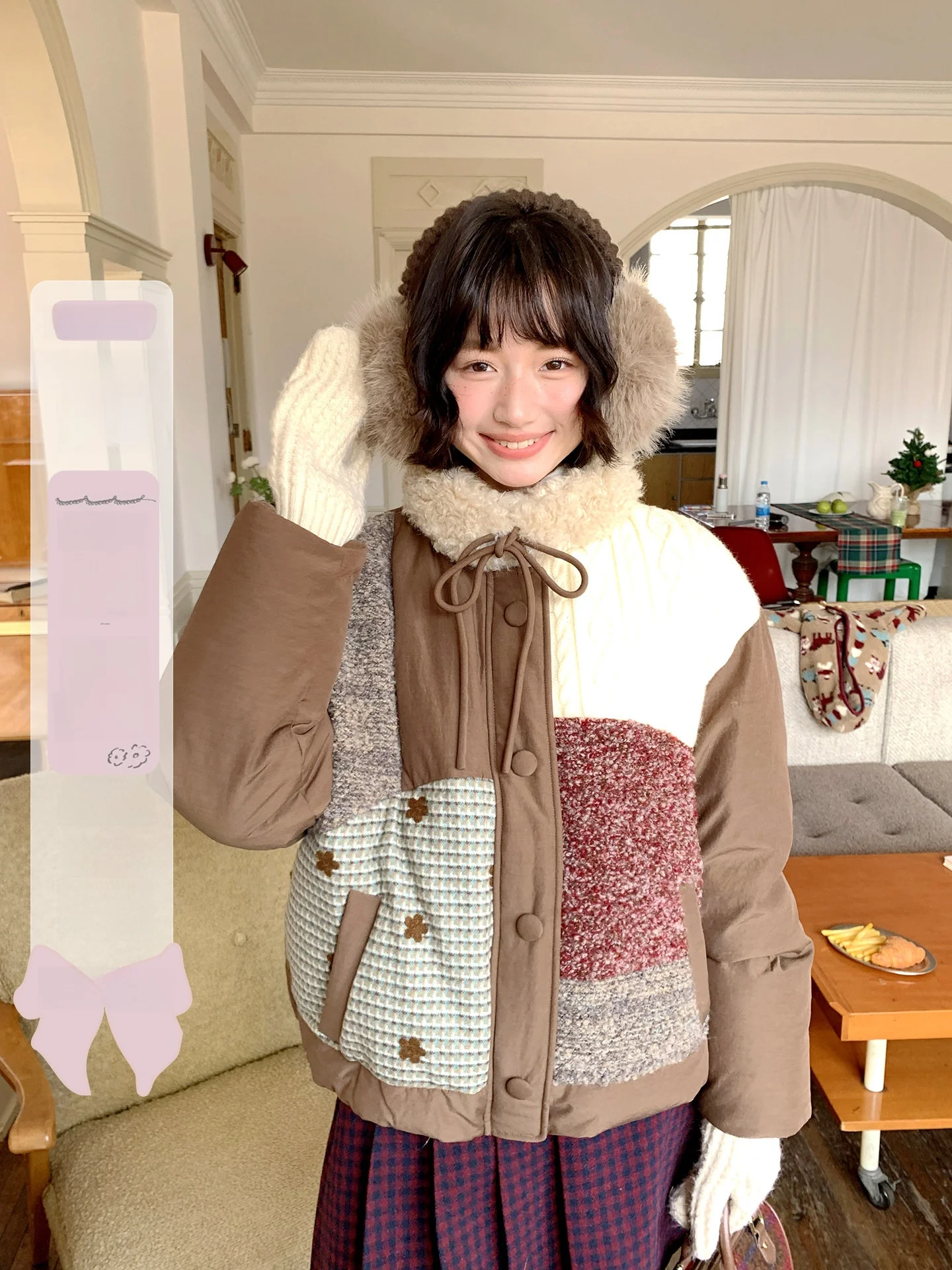 

Новая женская зимняя куртка Jiang Jam: вязаный пуховик в стиле пэчворк с меховым воротником, повседневный модный теплый дизайн