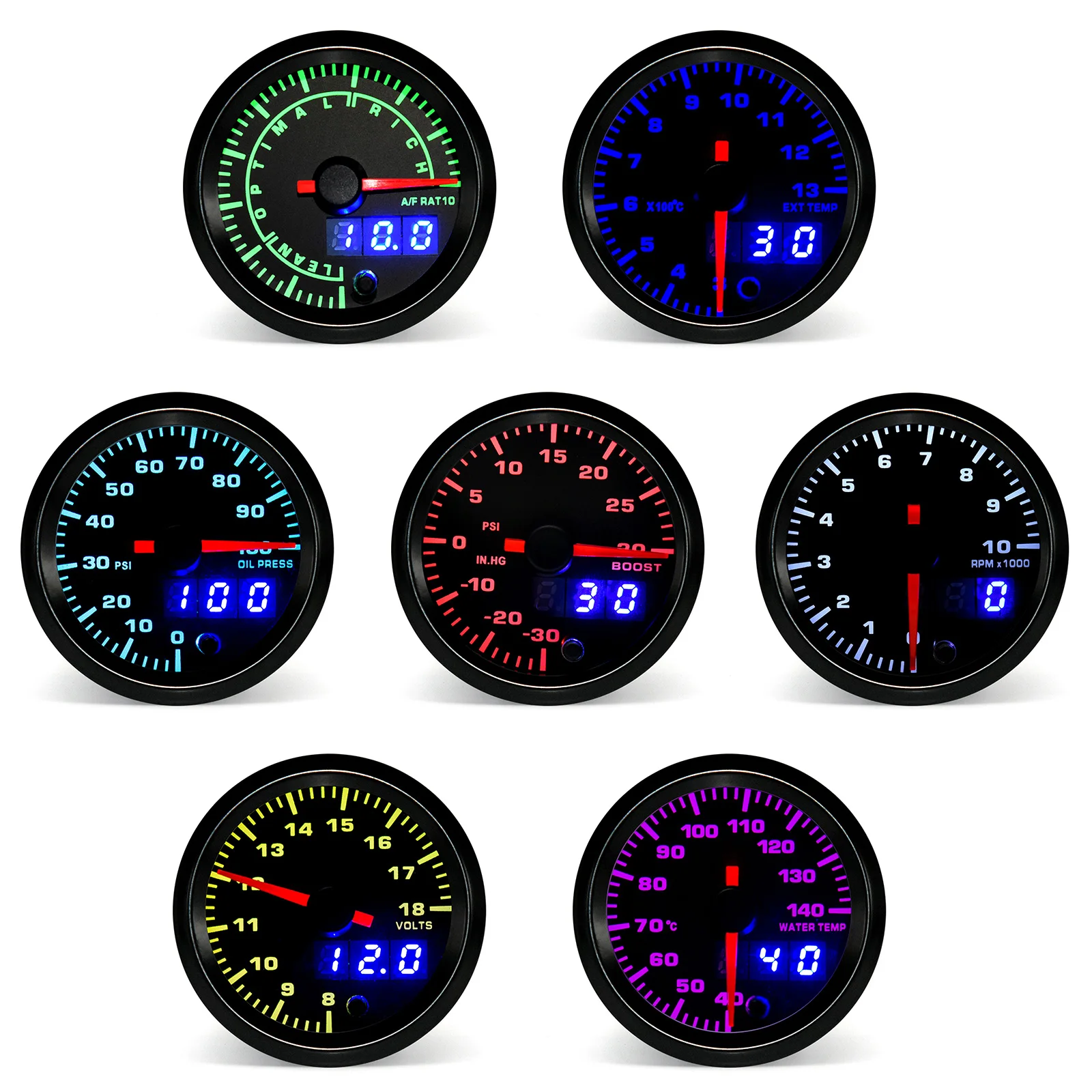2" 52mm 7 Color LED Dual Display Gauge Boost PSI Boost BAR Water / Oil Temp Oil Pressure Voltmeter Air Fuel Ratio EGT Tachometer - view 2