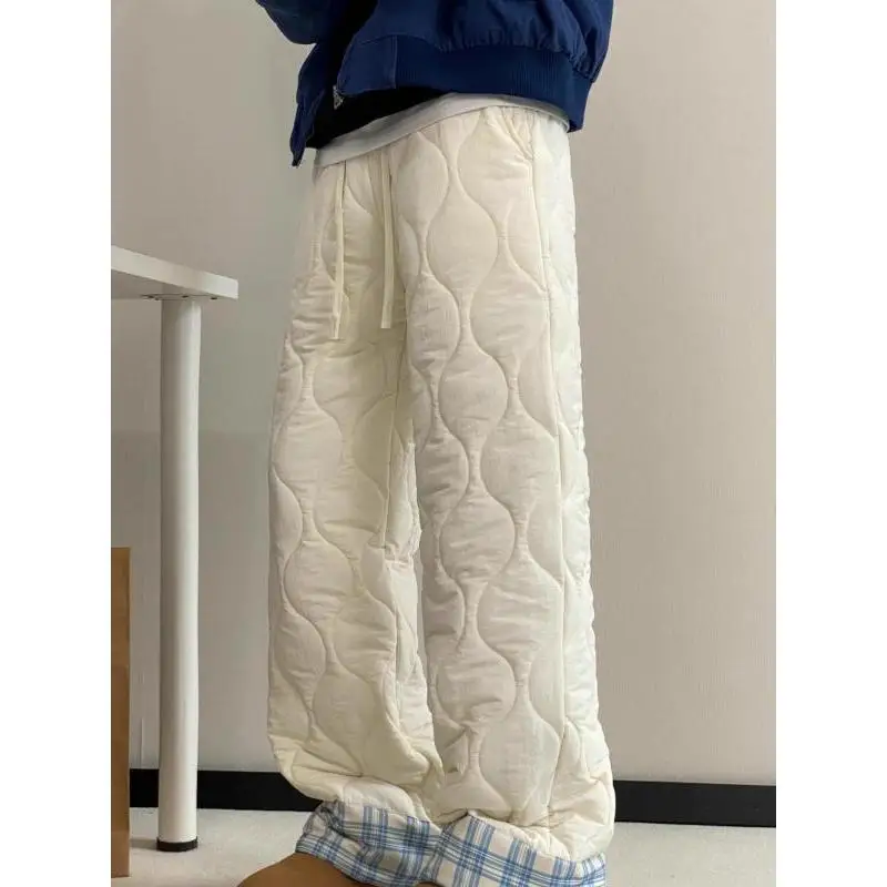 Women Winter Quilted Wide Leg Pants Drawstring Waist Plaid Cuff Warm Baggy Casual Trousers