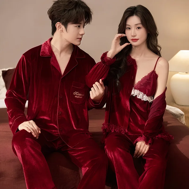 

Gold Velvet Female 3Pcs Pajamas Set Sleepwear Men Shirt Trouser Pijamas Suit Fashion Casual Couple Home Wear