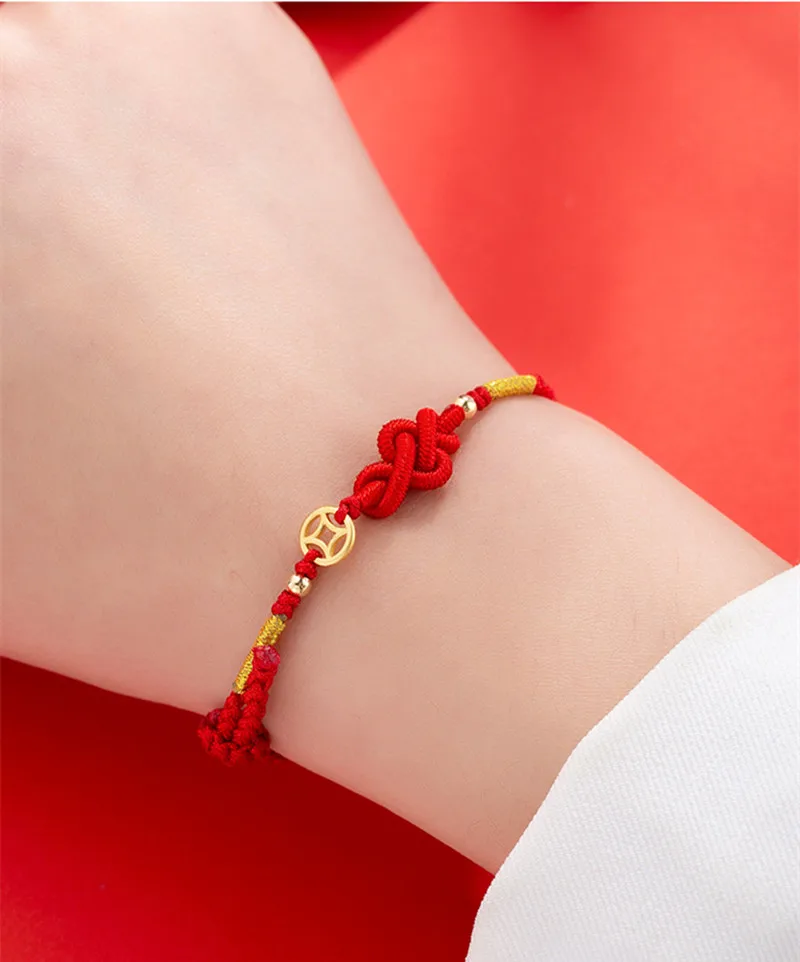 Fashion Hand Braided Lucky Knot Bracelet Copper Coin Bangle Women Men Red Rope Best Friends Lovers\' Gift Bracelet Accessory