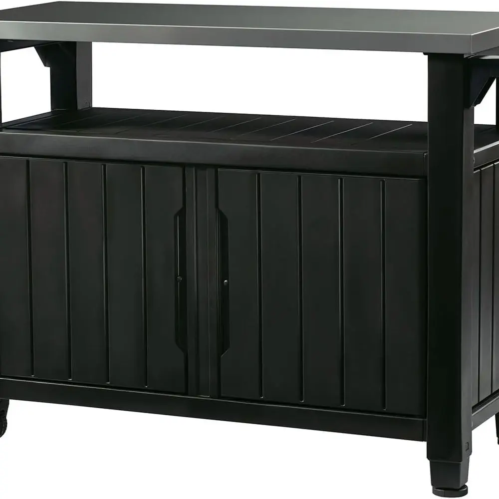 

Portable Outdoor Kitchen Prep Table with Stainless Steel Top and Storage Cabinet for Grilling Accessories, Dark Grey