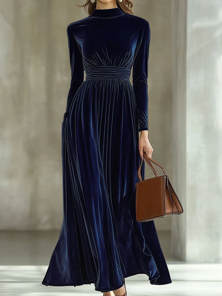 Langärmliges, schlichtes, elegantes Urlaubskleid, Damen-Herbst-Winter-Maxikleid mit halbhohem Kragen, solides Patchwork-Damenkleid