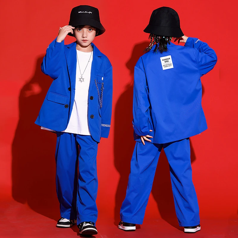 Jazz Dance Kostuum Hiphop Kids Kleding Blauw Pak Jas Broek Jongens Podium Kostuum Meisjes Moderne Dans Uitvoering Kleding Bl7476