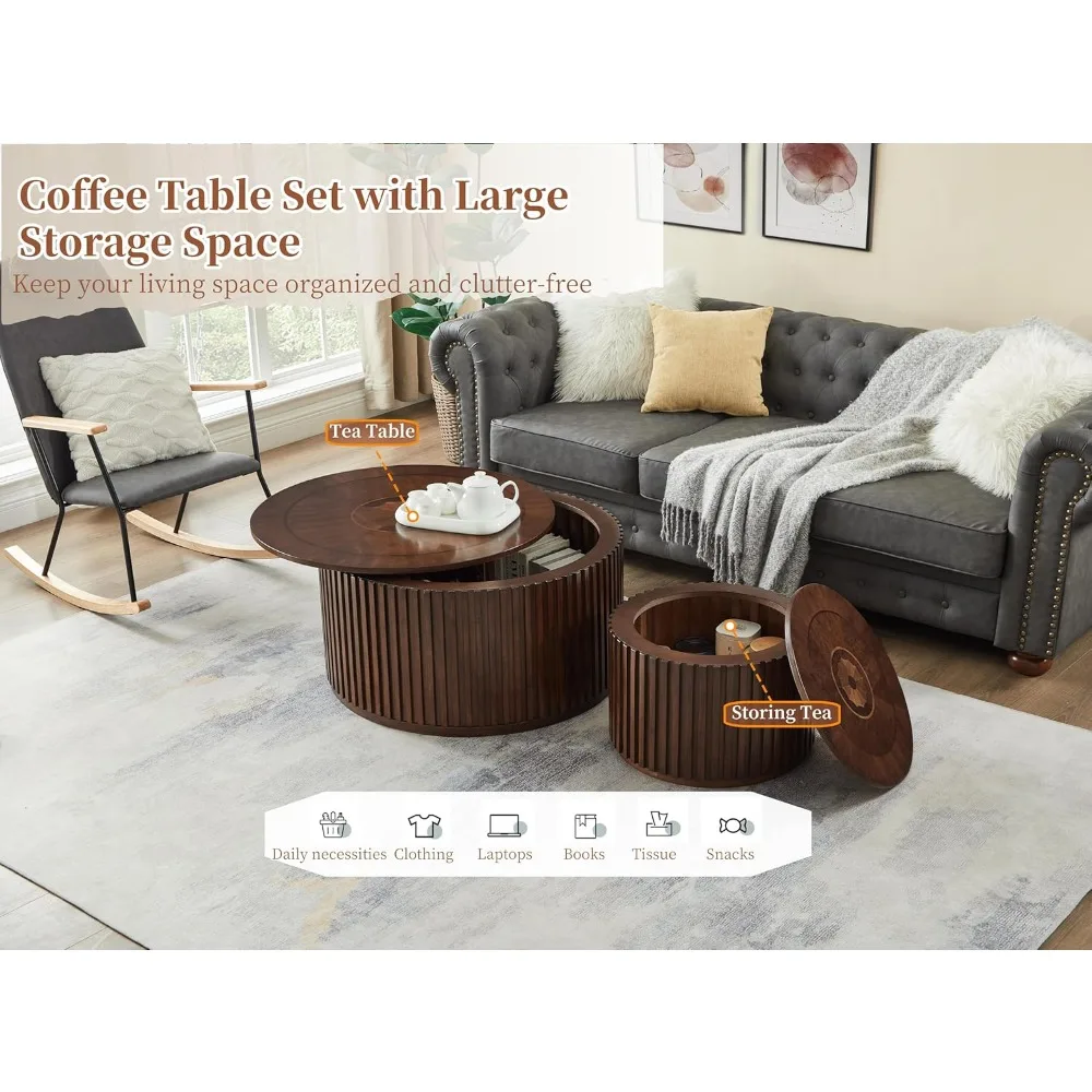 Round Coffee Table Set, Nesting Coffee Tables with Removable Lid, Mid Century Modern Wooden End Table with Large Storage Sp