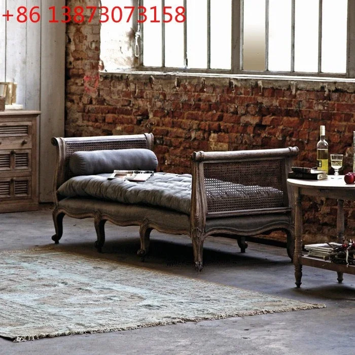 

French American rural solid wood retro old carved concubine couch rattan art leisure sofa, the end of the bed can be customized