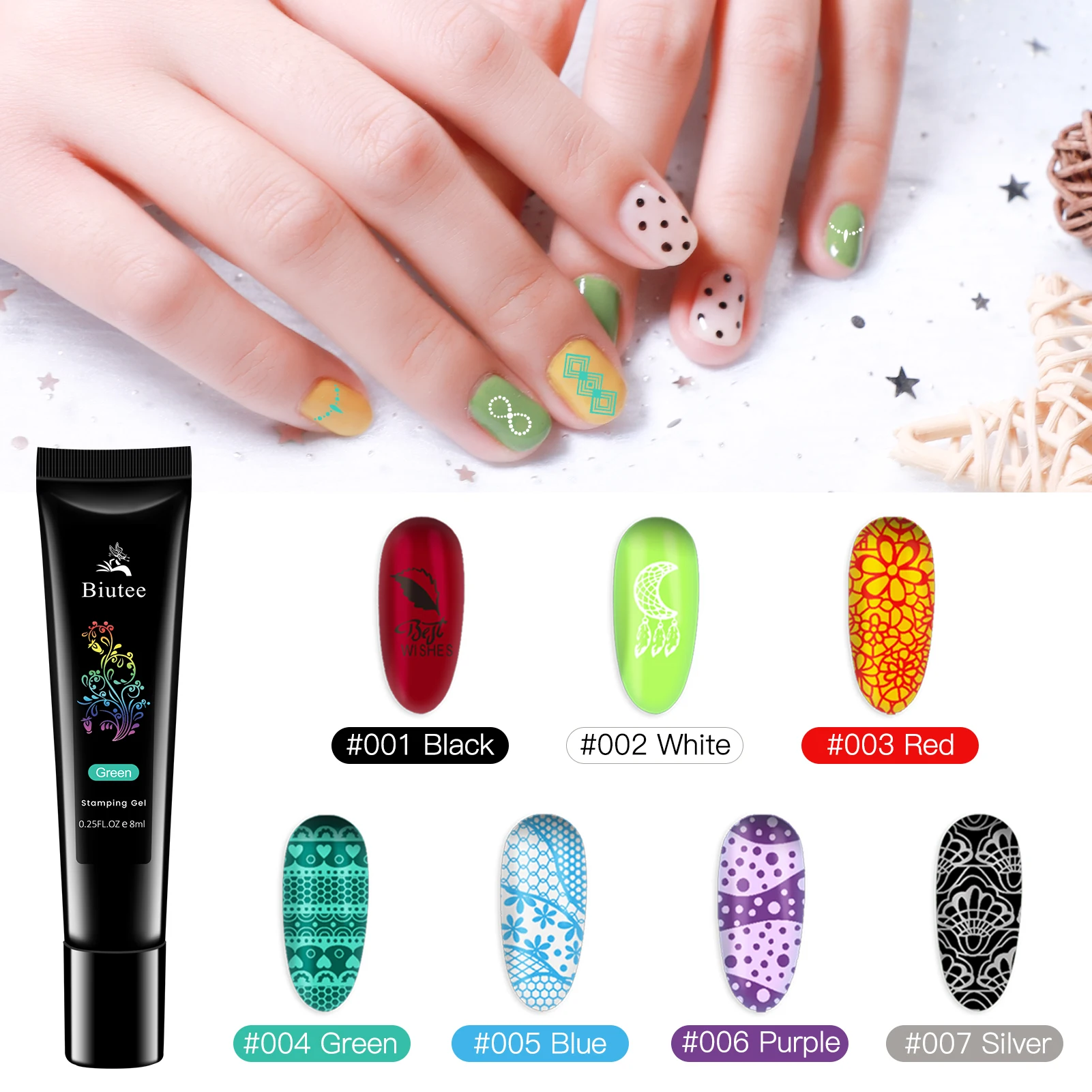 Biutee Nail Stamper Kit 7 Colors Nail Stamping Polish Gel 5pcs Nail Stamping Plates with Stamper Nail Art Kit Boho Flower Design