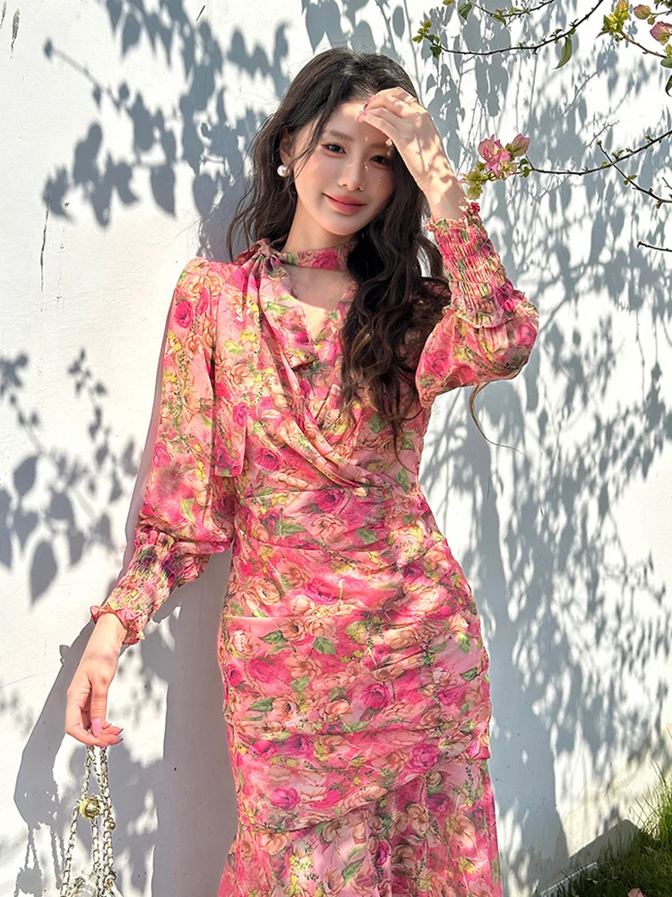 Frauen Kleidung Chiffon Süße Blumen Druck Puff Sleeve Schlank Midi Fischschwanz Kleid Elegante Dame Party Vestidos Robe Casual Herbst Neue