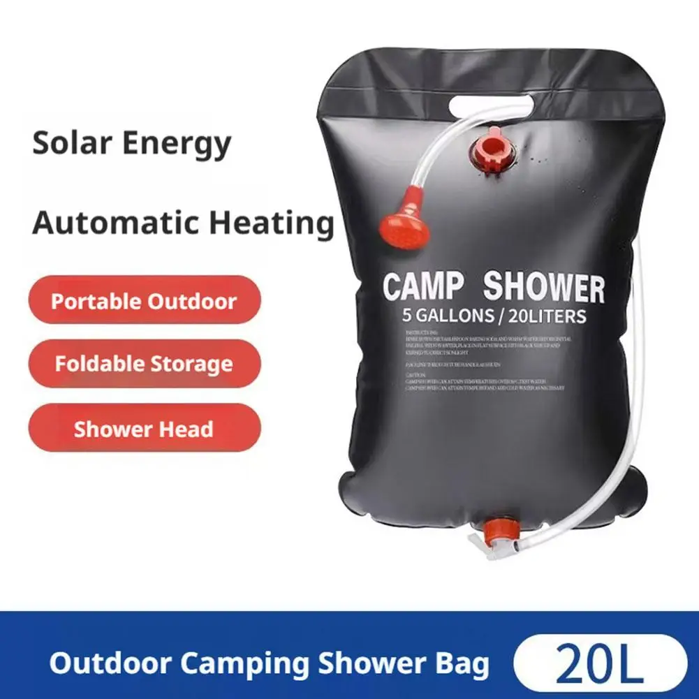 20L Solar Camping Shower Bag Portable Outdoor Water Bag, 5 Gallon Heating Bath Bag With Shower Head For Camping Travel Hiking