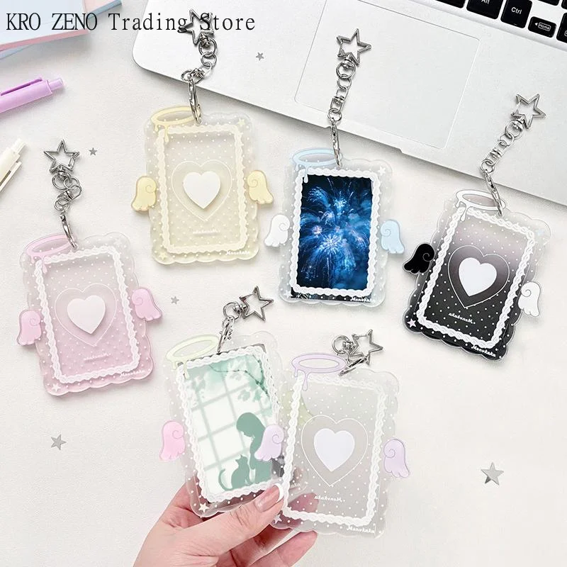 🔝1Pcs (excluding photos) 3 Inch Transparent Acrylic Photocard Holder Cartoon Angel Wing Star Keychain For Kpop Photos ID Cards✨