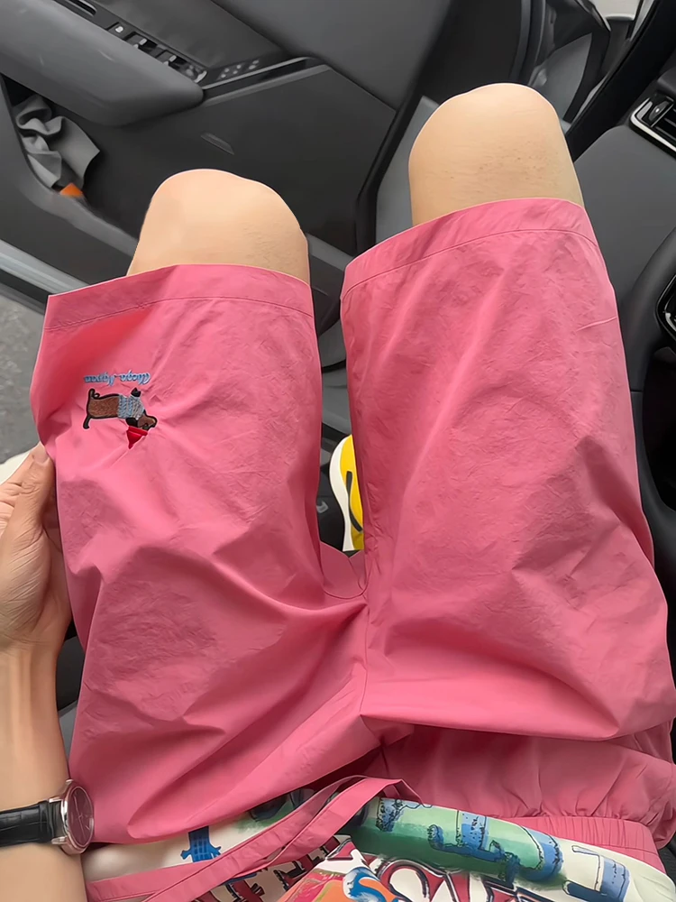 

Розовые мужские спортивные шорты Dopaamine для активного отдыха с вышивкой собаки, пляжные брюки, американские быстросохнущие повседневные бриджи