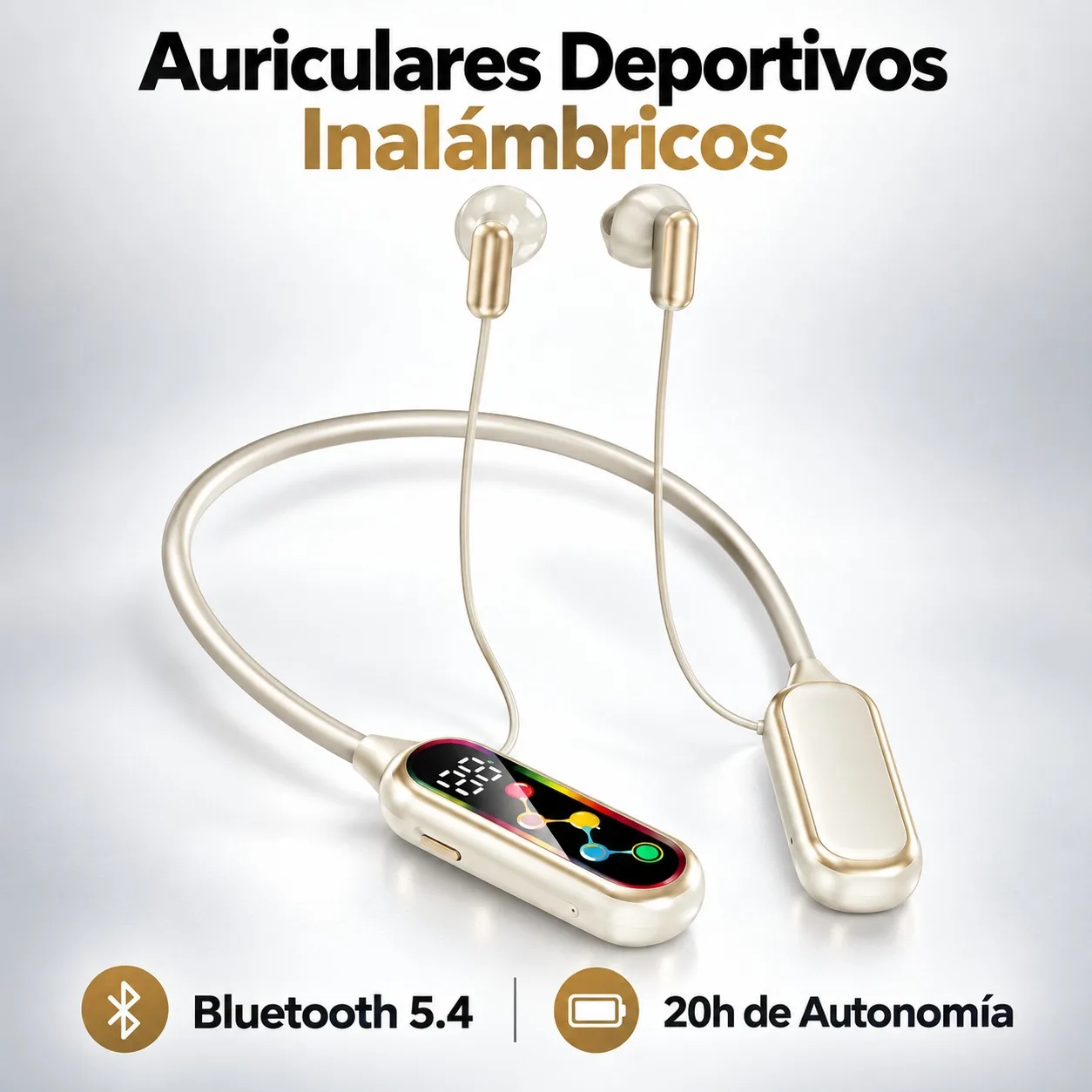 Auriculares deportivos de cuello inalámbricos blancos, Bluetooth V5.4, 20 h de reproducción, carga Type-C, control táctil