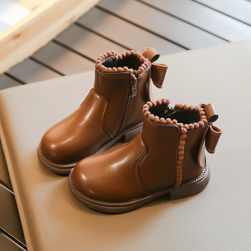 Children Warm Short Boots Little Princess Sweet Bow-tie Design Fashion Boots Girls Cotton Boots Baby Anti-slip Leather Boots