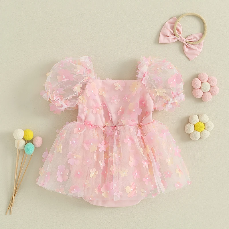 0-18M Newborn Baby Girls Rompers Dress Flower Embroidery Mesh Short Sleeve Jumpsuits Headband Princess Outfits