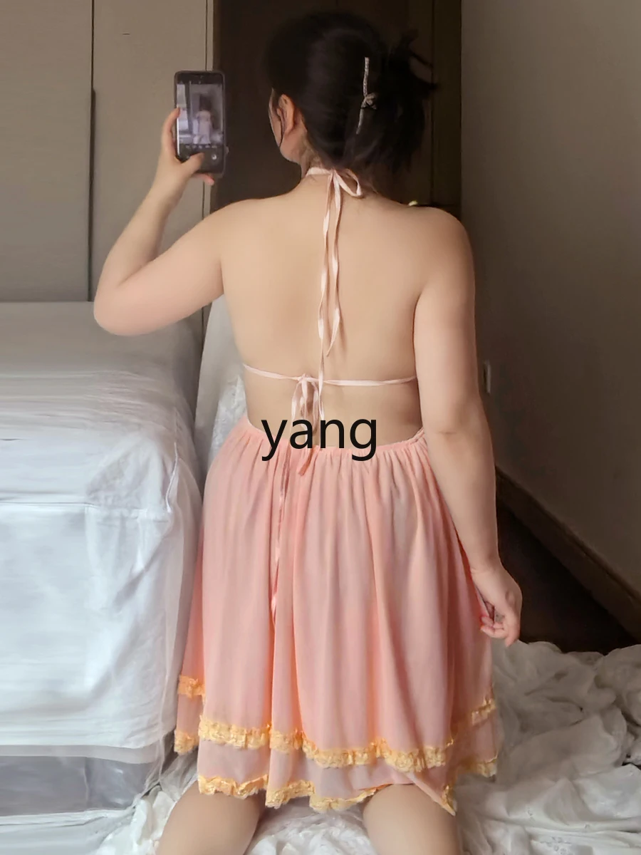 LMM large size nightdress with chest pad suspender summer women's fat mm lace pajamas women's