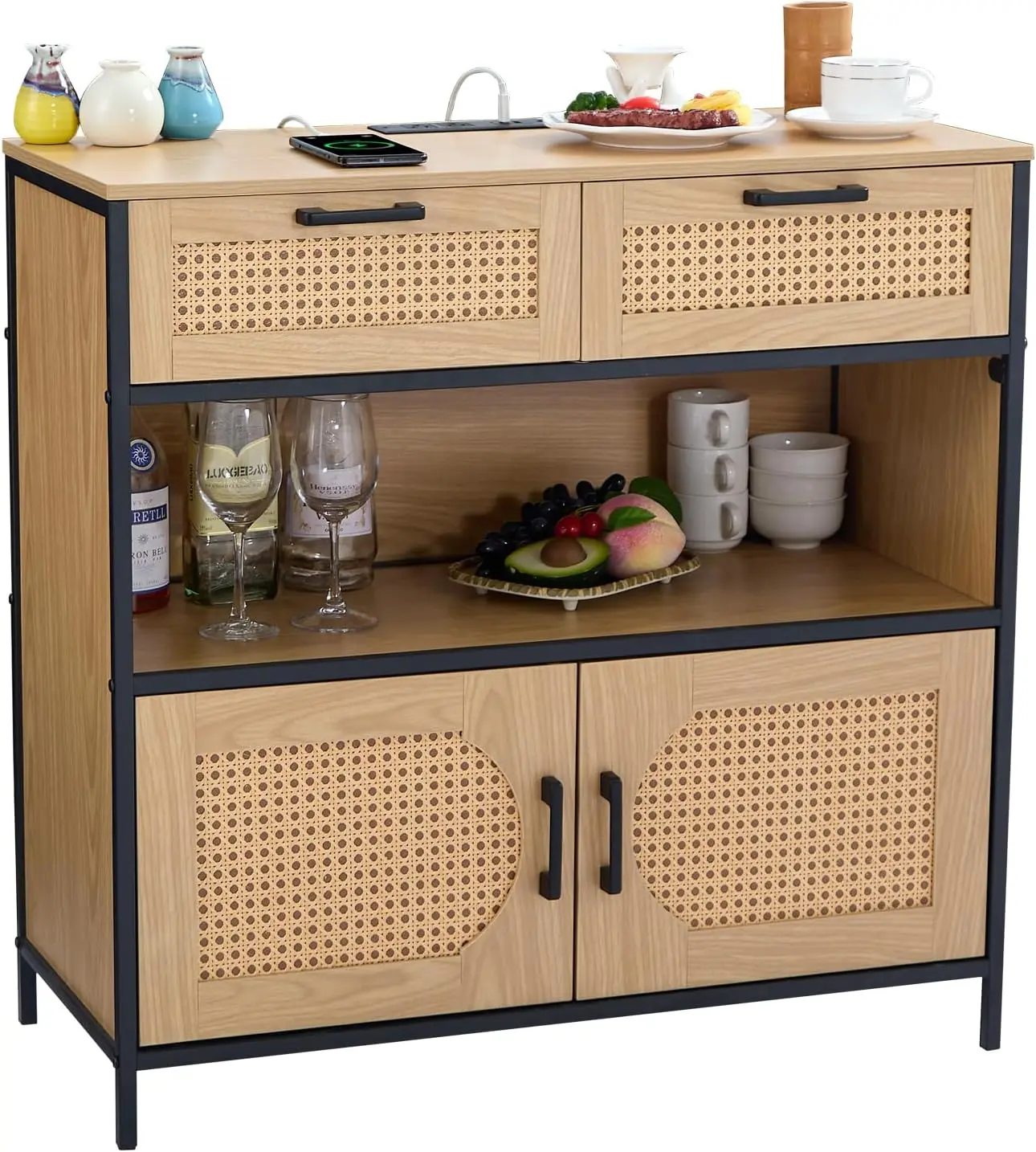 

Sideboard Cabinet with Charging Station, Kitchen Storage Cabinet with Rattan Decorated Doors, Cupboard Console Table Side