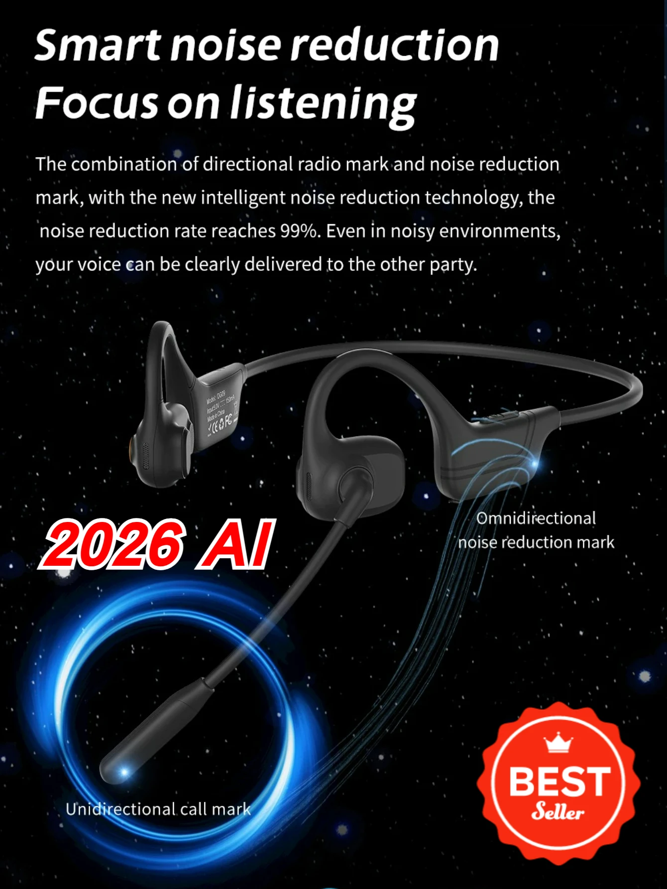 سماعات أذن مفتوحة احترافية 2026 مع ميكروفون لإلغاء الضوضاء IPX5 مقاوم للماء AI مترجم BT 53 لاسلكي للجري وصالة الألعاب الرياضية