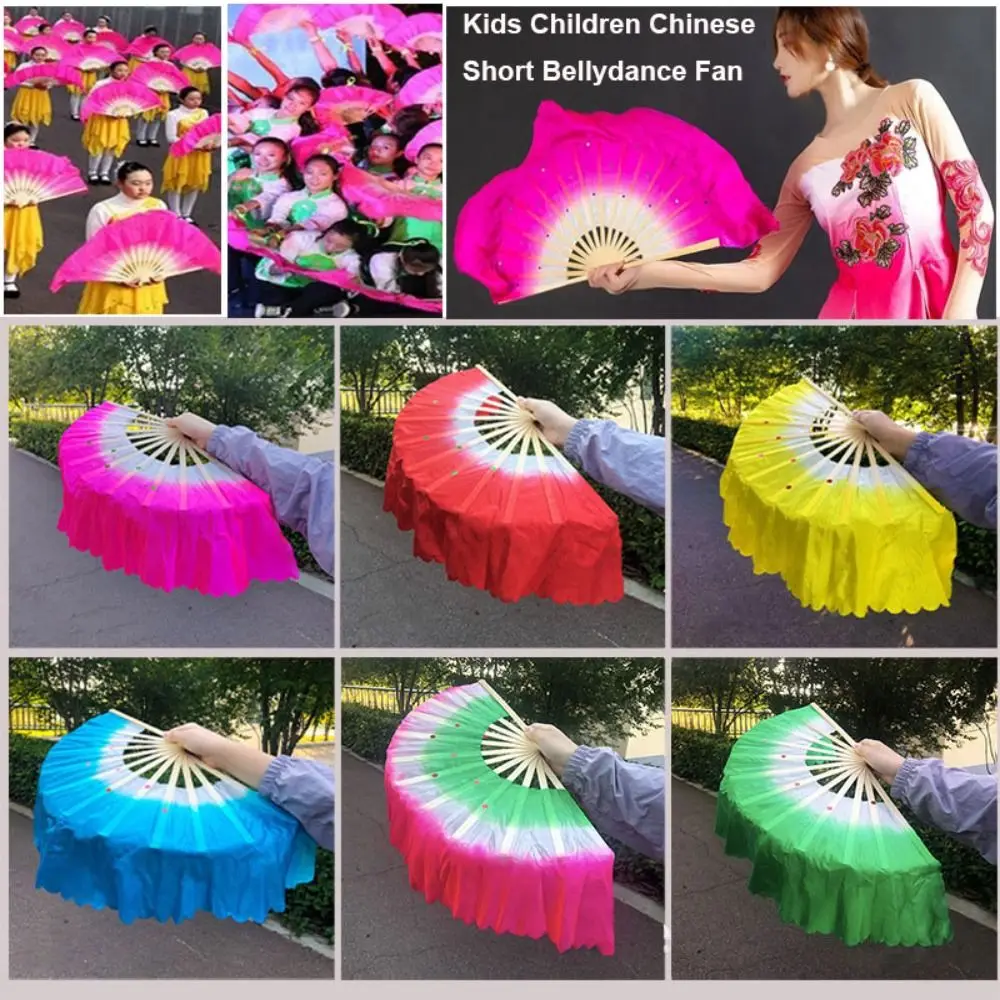 

30cm Bamboo Chinese Short Bellydance Fan 15cm Half Circle Silk 10 Styles Bamboo Fans 5 Colors Hand Dye Adults Fan