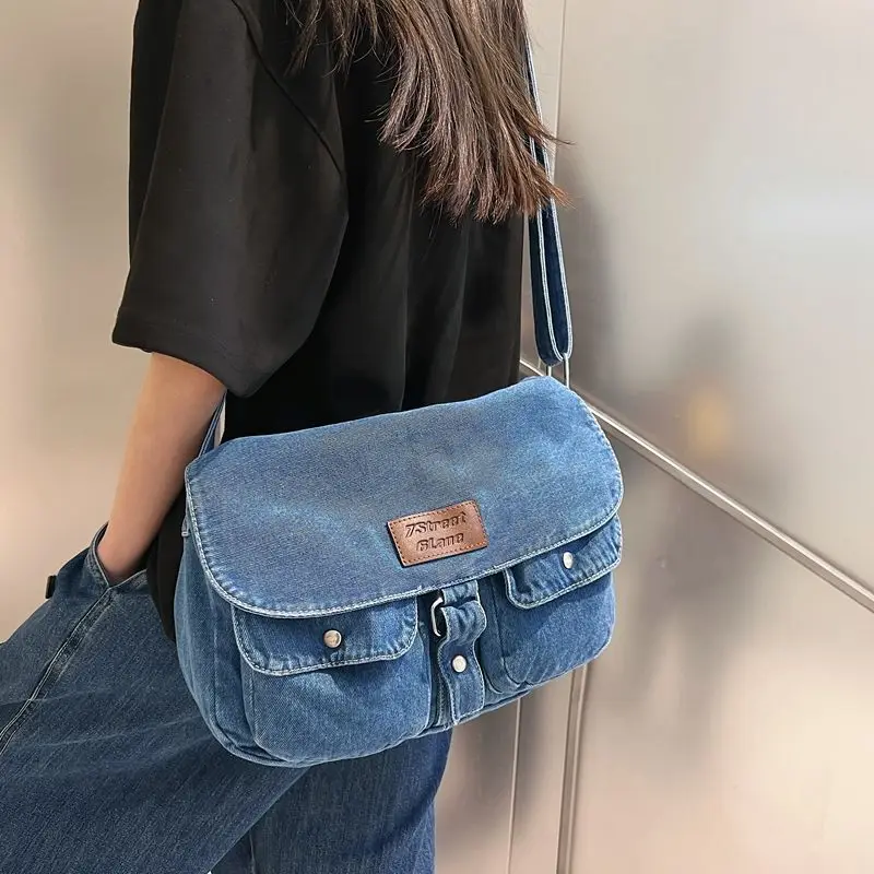 

Vintage Denim Crossbody Bag Casual Large Capacity Shoulder Bag Simple Solid Color Multi-Pockets Messenger Bags