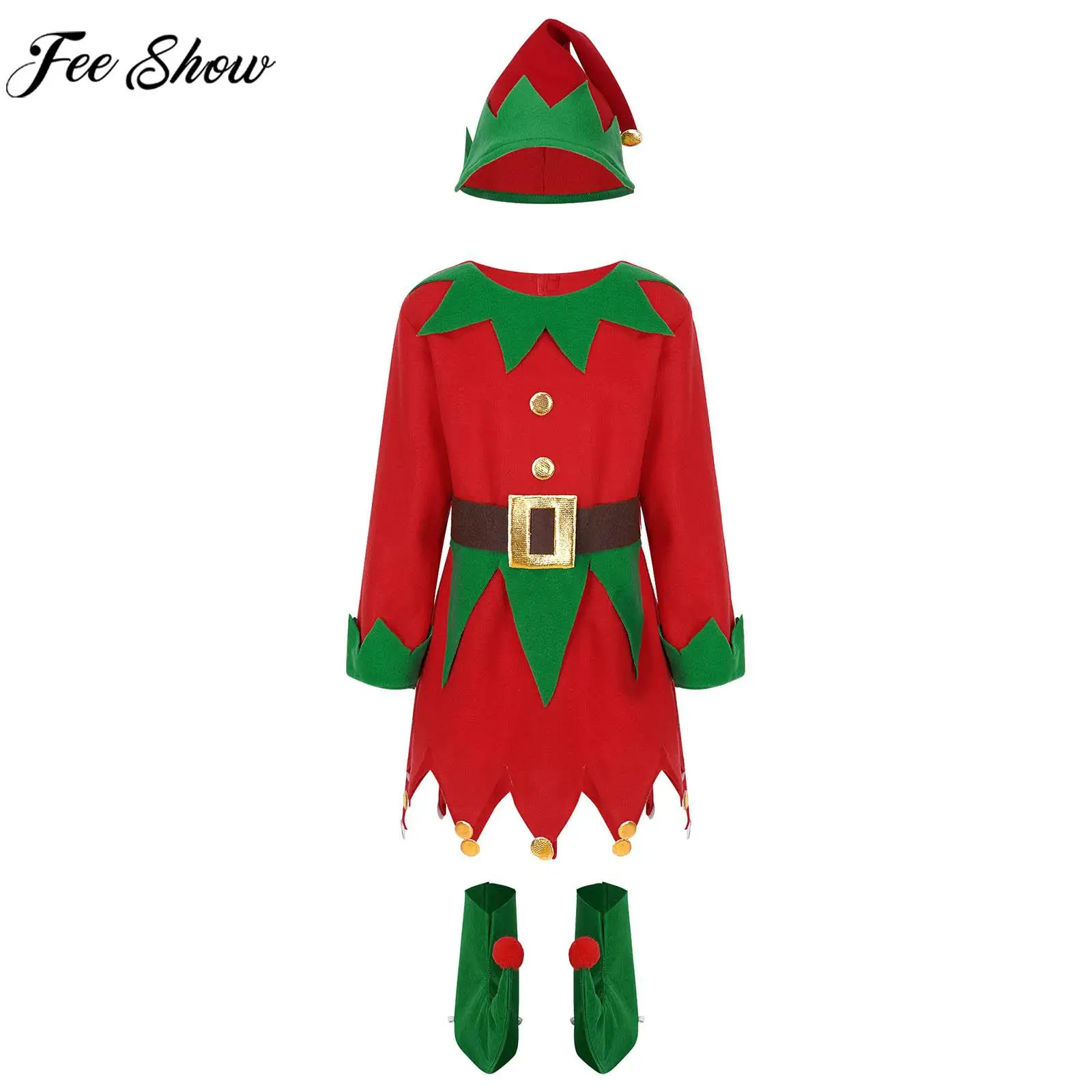 Child Girls Christmas Elf Cosplay Dress with Belt Hat Shoes Xmas New Year Theme Party Masquerade Roleplay Performance Costume