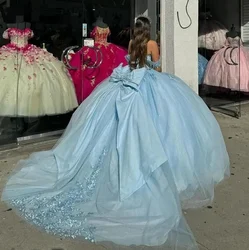 ANGELSBRIDEP jasnoniebieskie sukienki na quinceanera z kokardką frezowanie koronkowe aplikacje Vestidos De 15 Anos formalne przyjęcie urodzinowe dostosowane