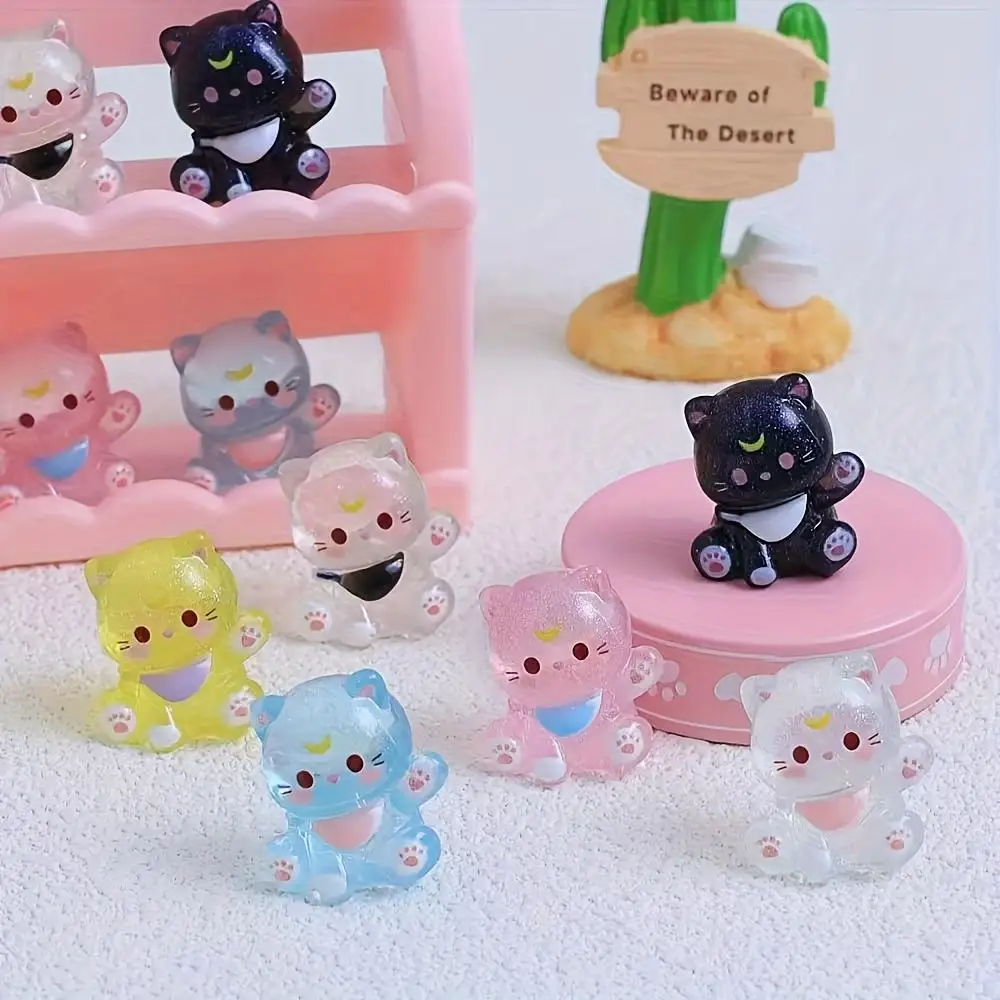 10/20 Glow-in-the-Dark Moon Waving Cat Figurines - Colorful Resin Anime Style Cute Cartoon Cat Design, No Power Required