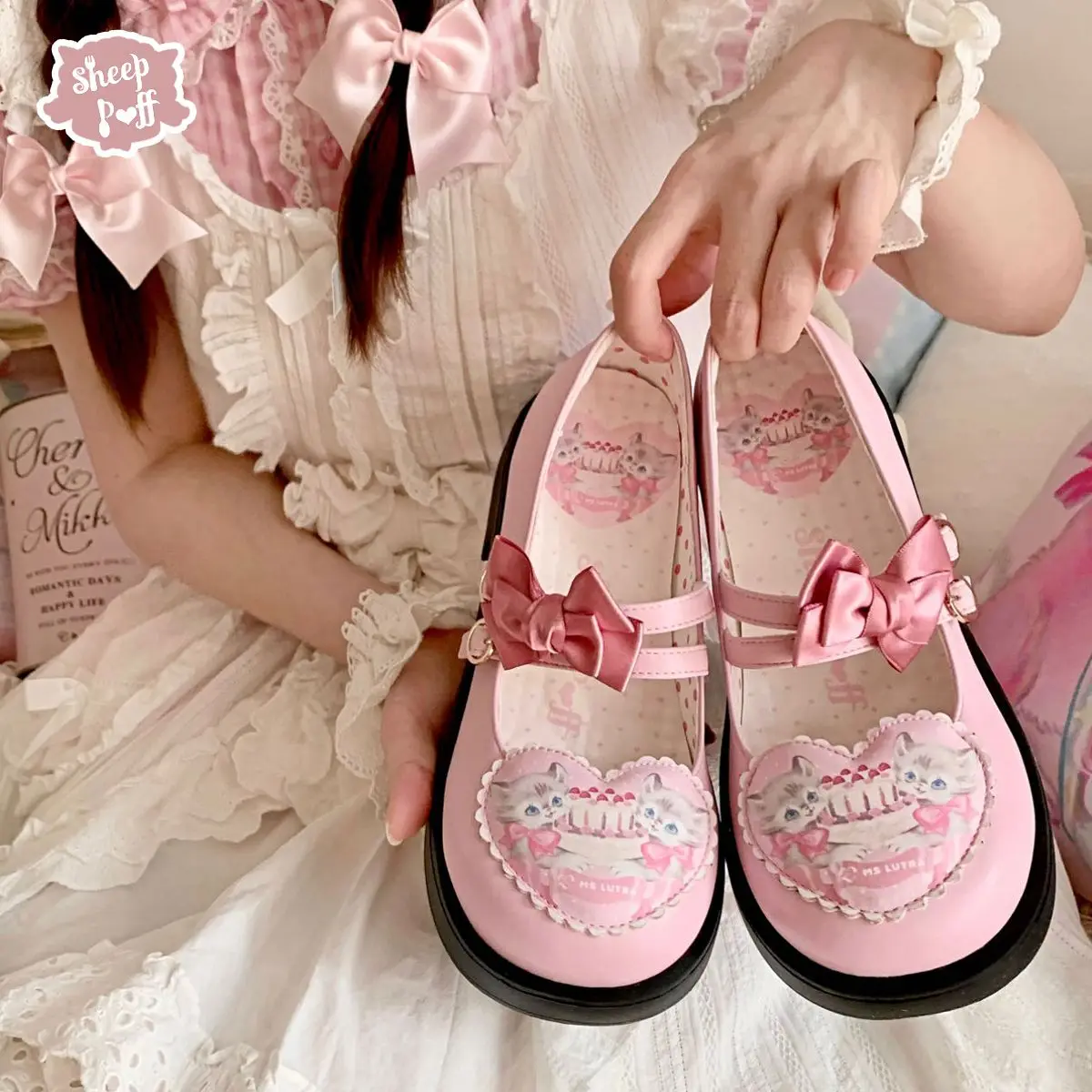 

Lolita Cat Round Head Mid Heels Platform Pumps Kawaii Girls Bows Women's Shoes Casual Mary Janes Shoes Sandals
