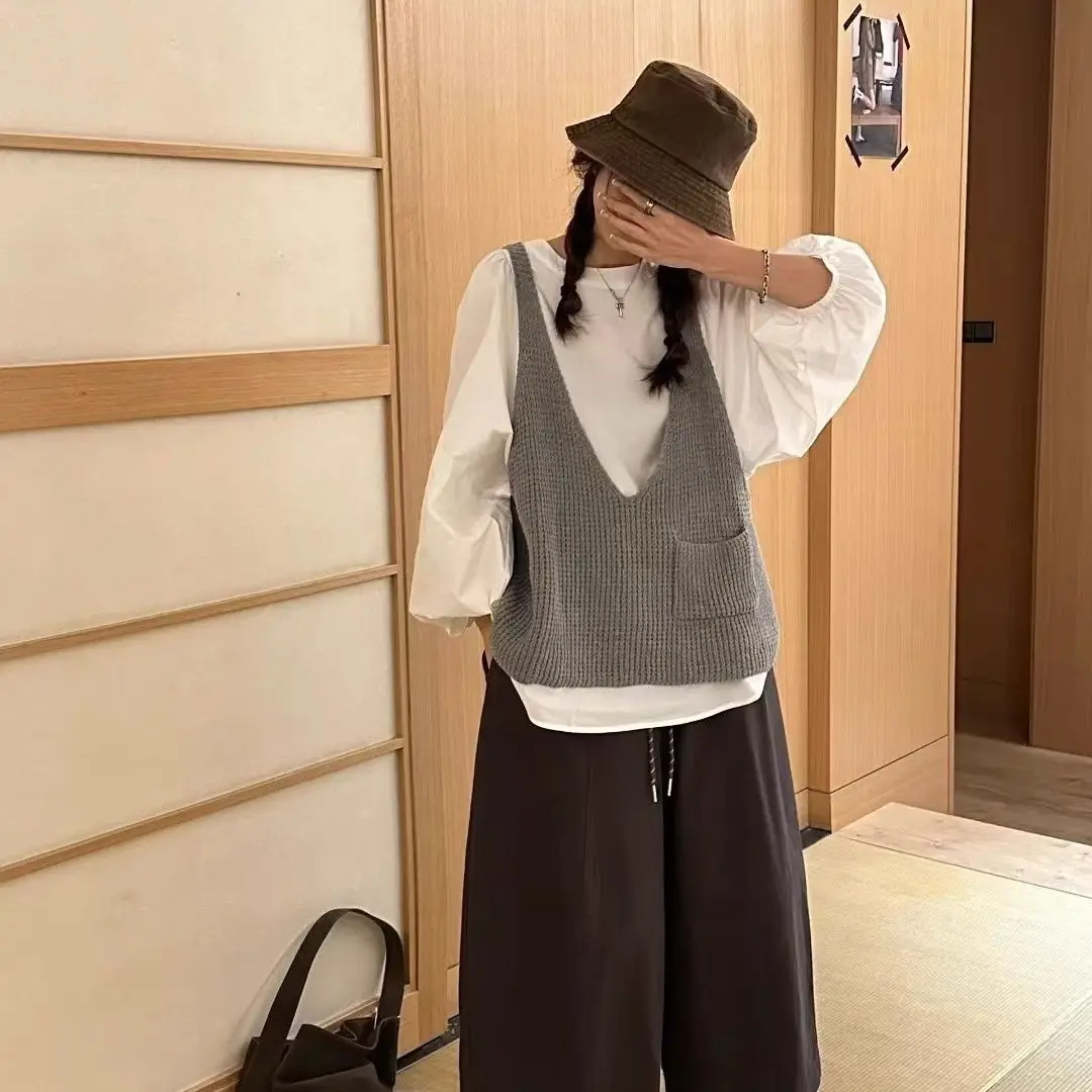 

Korean Style Loose Knit Vest Top Women Sleeveless V Neck Warm Thermal Wear Autumn Winter Fashion Pocket Vest