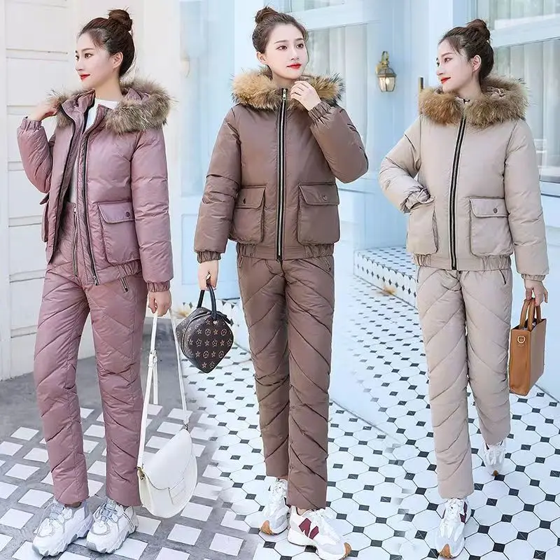 Fdfklak Ski Suit Women Jackets Winter Hooded Two Piece Set Women Cotton Zipper Tracksuits Overalls Jacket Large Fur Collar Suit