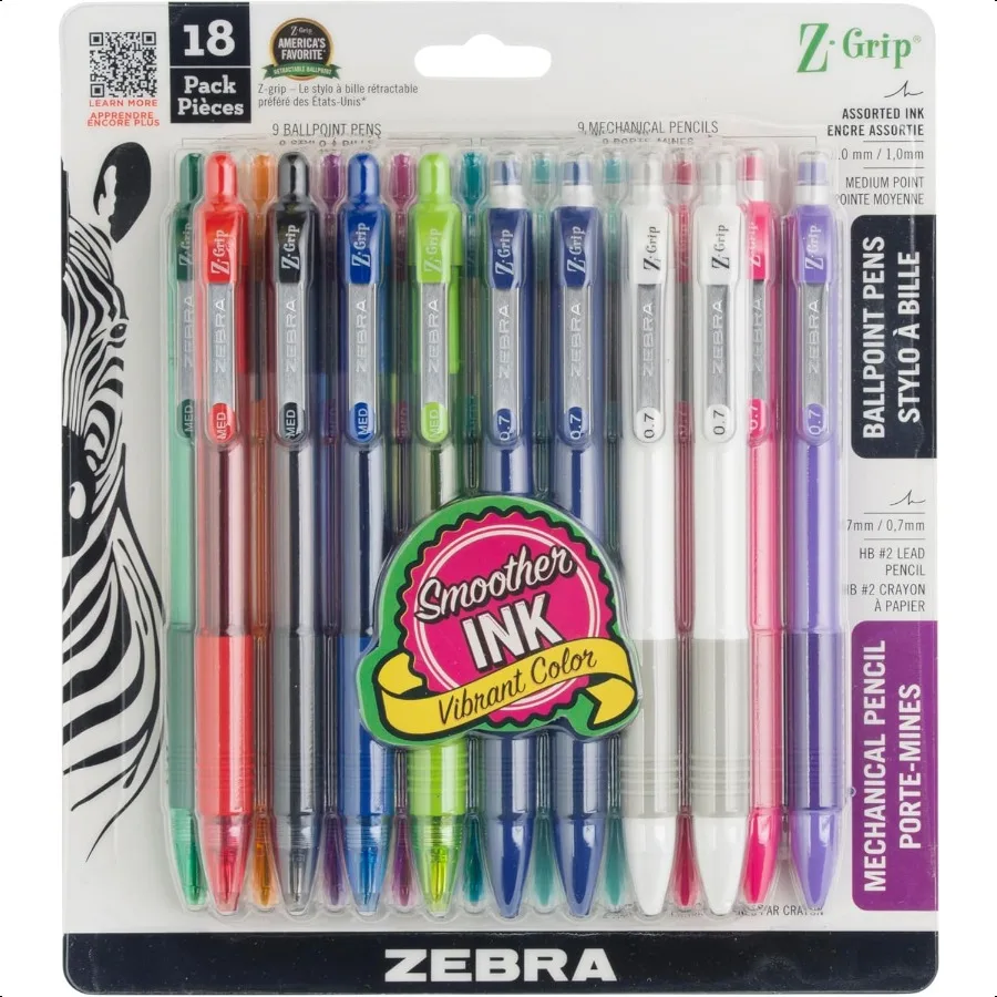 

ZGrip Retractable Ballpoint Pen and Mechanical Pencil Set Medium Point 2 HB Lead Pencils Assorted Ink Colors School plies Teach