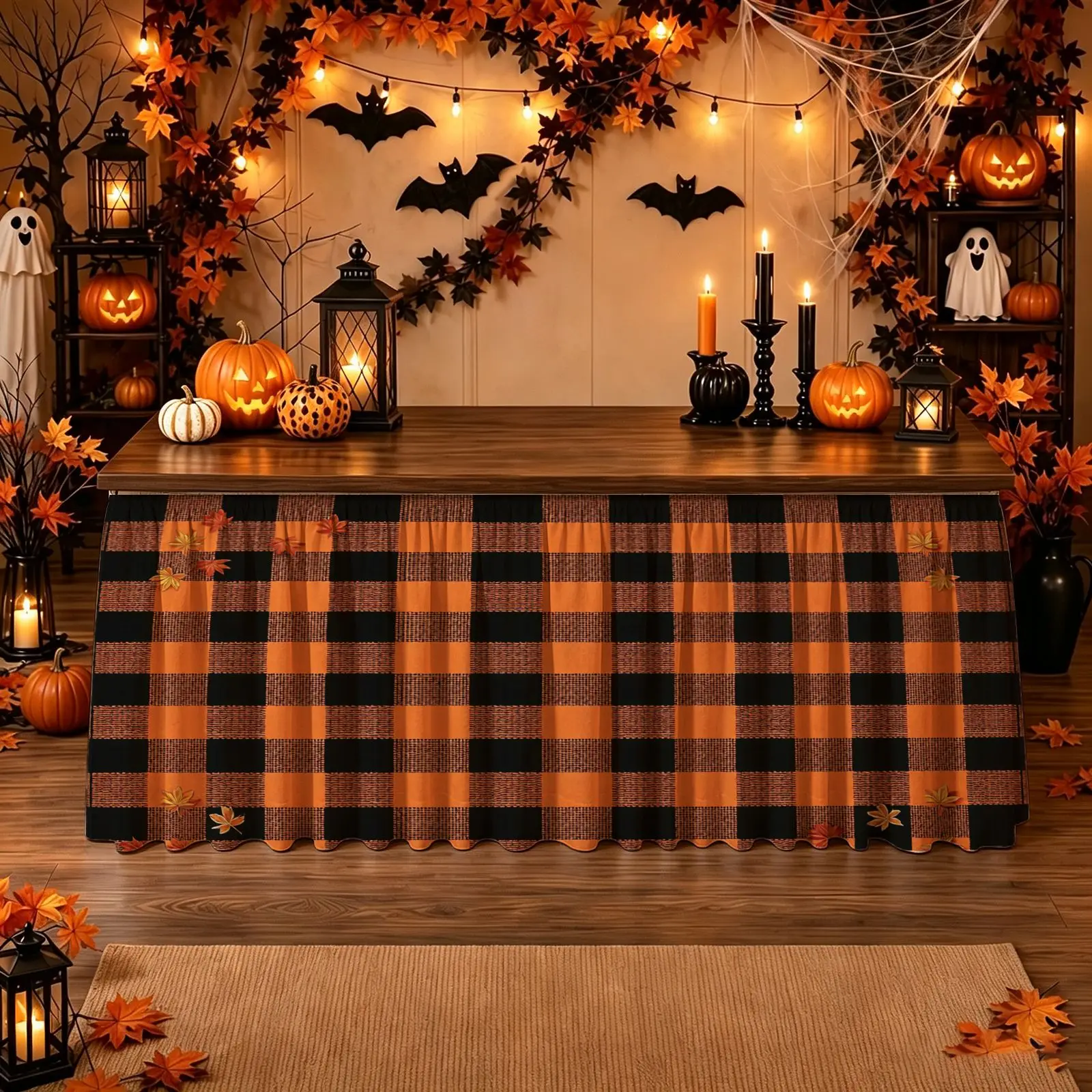 Halloween Christmas Party Scary Tablecloth - 1 piece - Orange and Black Buffalo Check Pattern