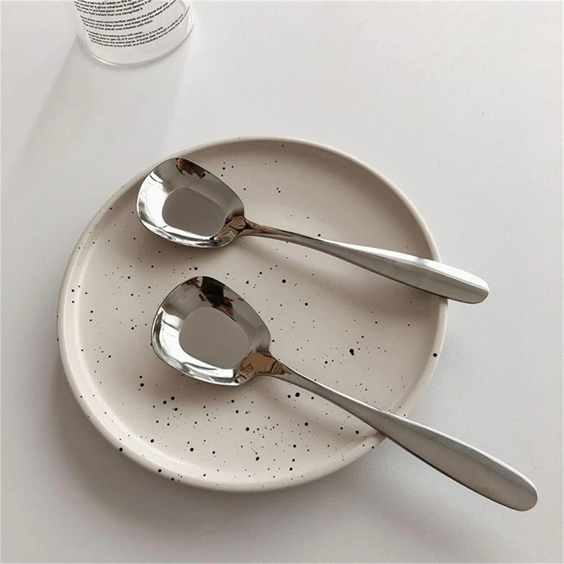6PCS Squarehead Stainless Steel Spoons,Head Ice Cream Spoons, Arithmeticn Spoons, Rice Spoons, Soup Spoons